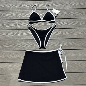 NWT Black 3 pc Bikini Wilo the Label Set with Swim Skirt / Coverup